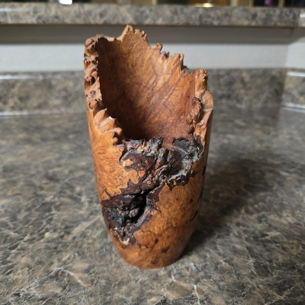 Signed Ward Burl Wood Natural Edge Hollow Form Vessel Vase #1672 Studio Art 7"
